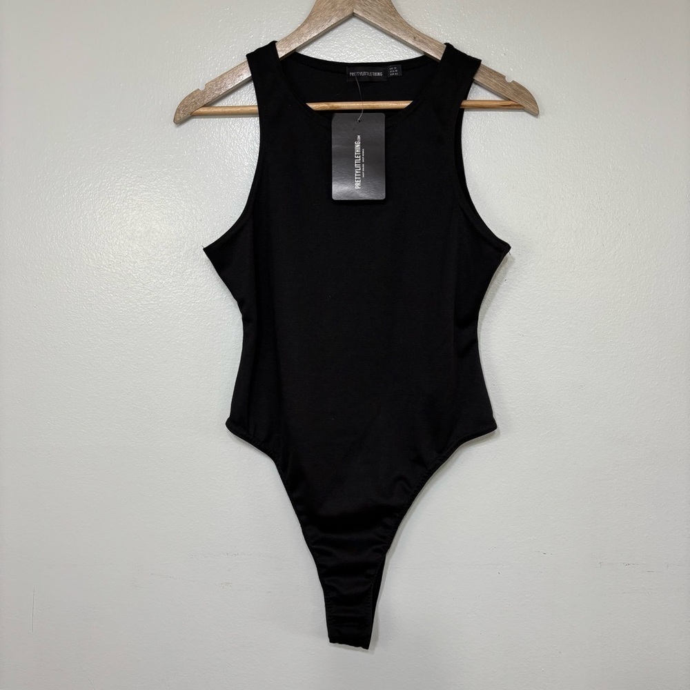 PrettyLittleThing Black Ponte Racer Back  Sleeveless Bodysuit NEW Size 10